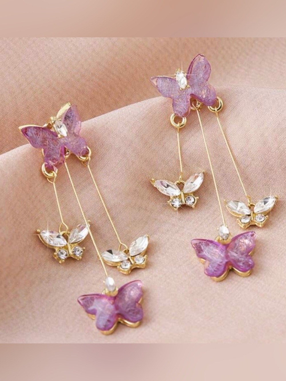 🦋 Purple Butterfly Crystal Dangle Earrings | Gold Tone Fairycore - Picture 3 of 4